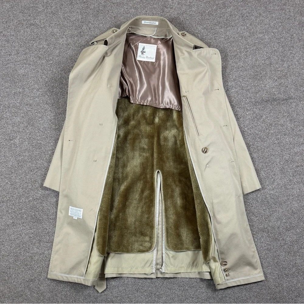 Misty Harbor Long Double Breasted Belted Trench Coat Mens 44 Removable Fur Liner